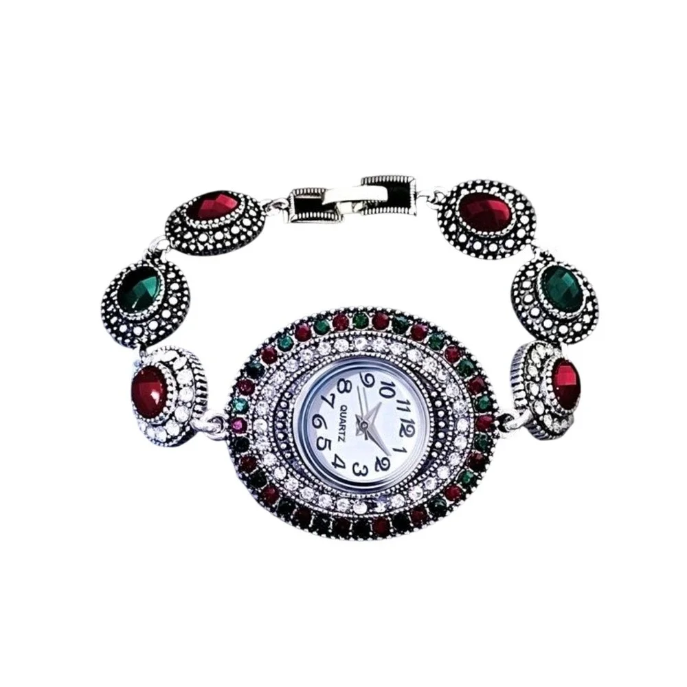 Vintage-Inspired Gemstone Bracelet‎ Watch – Red & Green Accents
